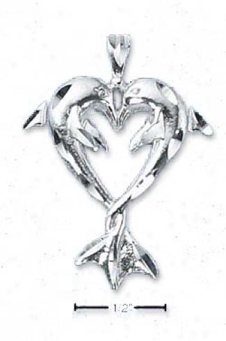 Ss Diamond Cut Kissing Dolphin Pendant Upon Entwined Tails