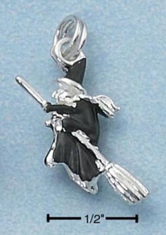 Ss Enamel 3d Witch Dressed In Black On Broom Charm