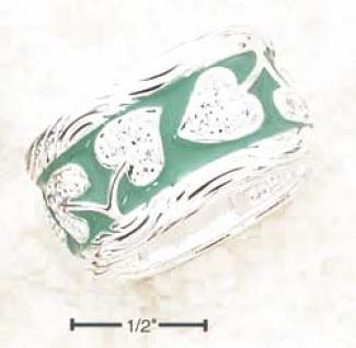 Ss Enamel Pale Green Wide Ring Pave Cz Floral Design Ring
