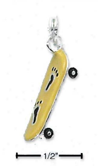 Ss Enamel Yellow Skateboard Charm With Black Footprints