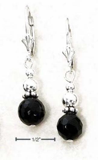 Ss Faceted Onxy Bead With Bali Bead Lever Back Earrings