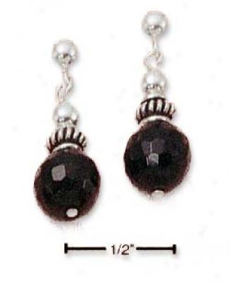 Ss Faceted Onyx Drop Post Earrings With Silver Bali Beads