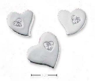 Ss Flat Heart Post Earrings Heart Cz Matching Pendant Set