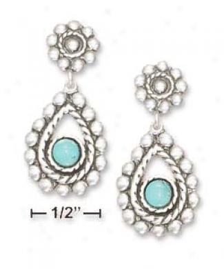 Ss Flower Post Beaded Edges Turquoise Stone Dangle Earrings
