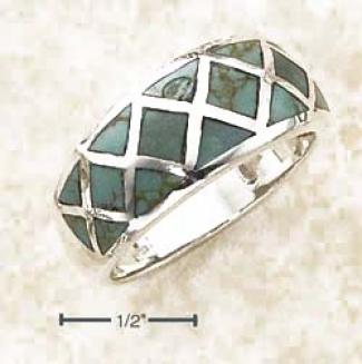 Ss Graduated Cross Hatch Design Turquoise Inlay Ring