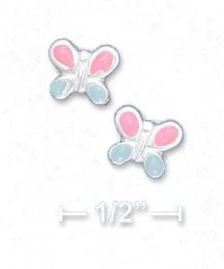 Ss Italian Pink Blue Enamel Butterfly Post Earrings
