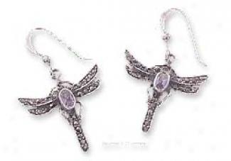 Ss Marcasite Amethyst Dragonfly Earrings (nickel Free)