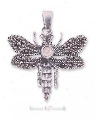 Ss Marcasite Dragonfly Pendant With Pnk Cz ( Appr. 1 Inch)
