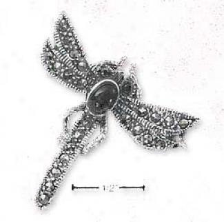 Ss Marcasite Dragonfly Pin With Genuine Onyx Body Eyes