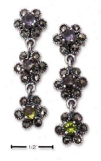 Ss Marcasite Flower Post Drop Earrings With Multi Czs