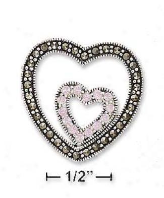 Ss Marcasite Heart Inscribed Pink Cz Heart Charm (no Chain)
