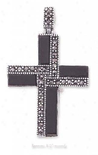 Ss Marcasite Obsisian Striped Cross Pendant - 1 3/4 Inch
