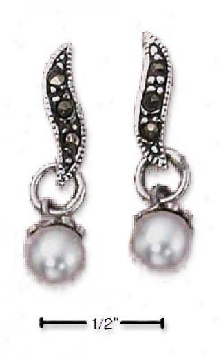 Ss Marcasite S Post Drop Earrings Synthetic Pearl Dangle
