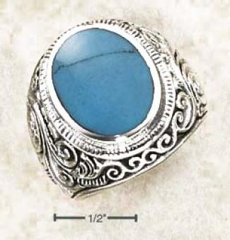 Ss Mens Bezel Set Turquoise Ring With Tapered Floral Ban