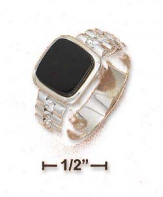 Ss Menz Onyx Ring With Corrugated Cz Shank (10mm Stone)