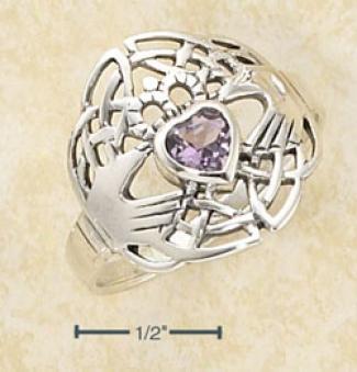 Ss Modern Claddaugh Ring With Heart Shaped Amethyst Stone