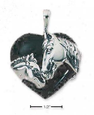 Ss Mother Foal Horse-heads On Black Onyx Heart Pendant