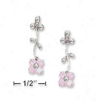 Ss Moveable Pink Cz Flower Post Drop Earrings (appr. 1 Inch)