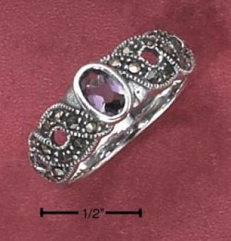 Ss Open Rope Marcasite Shank Ring Synthetic Amethyst Stone