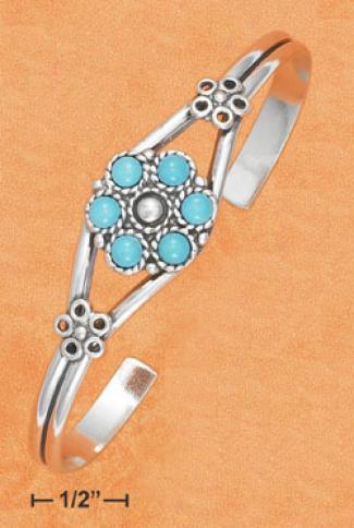 Ss Open Wire Cuff Turquoise Flower Design Center Bracelet