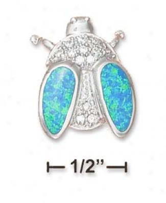 Ss Pave Beetle Synth. Blue Opal Pendant 3/4 Inch L