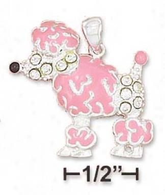 Ss Pink Enamel 23mm Poodle Charm Black Nose Crystal Accents