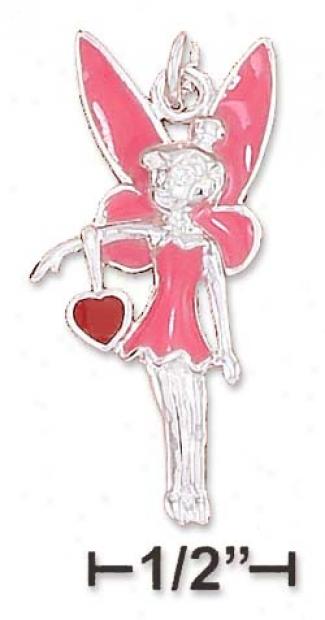 Ss Pink Enamel 30mm Fairy Charm Holding A Red Enamel Heart