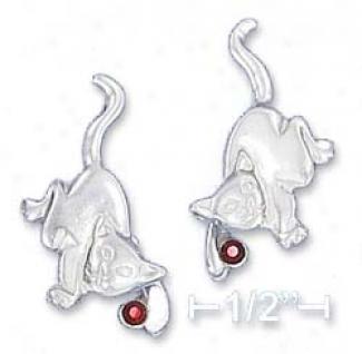 Ss Playful Kitty Posf Earrings With Dangling Paw Red Cz Ball