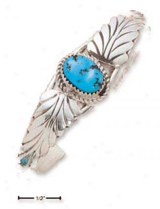 Ss Single Turquoise Stone Cuff With 2 Leaves (20mm Wide)