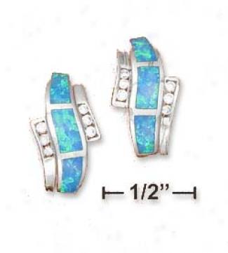 Ss Synrhetic Blue Opal Curved Bar Post Earrings Cz Accents