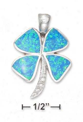 Ss Synthetic Blue Opal Shamrock With Pave Cz Lookout Pendant