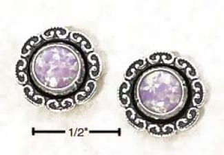 Ss Synthetic Pinl Opal Floeer Concho Post Earrings