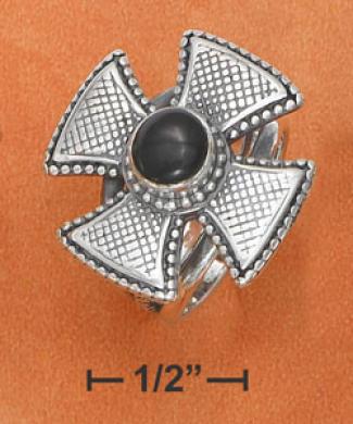 Ss Textured 21mm Iron Cross Ring With 7mm Jet Split Shank