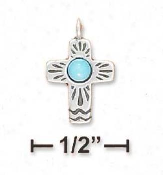 Ss Tiny 1/2 Inch Southwest Cross With Turquoise Center Subdue by a ~