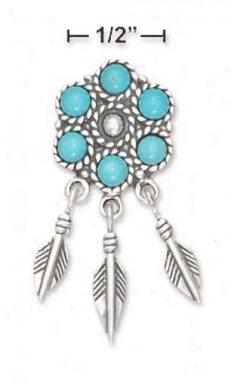 Ss Turquoise Flower Post Silver Feathers Dangle Ewrrings