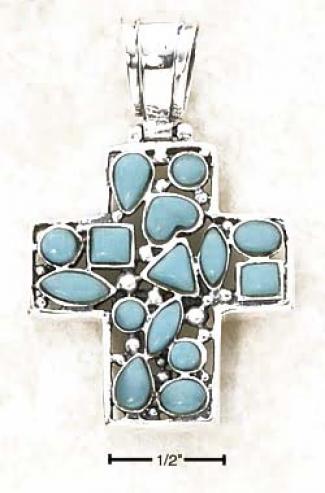 Ss Turquoise Mosaic Stones On Hinged Cross Pendant
