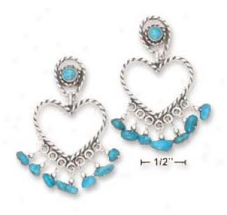 Ss Turquoise Post Heart Swing With Thrquoise Chips Earrings