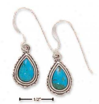 Ss Turquoise Teardrop Earrings With Scallloped Beaded Edge
