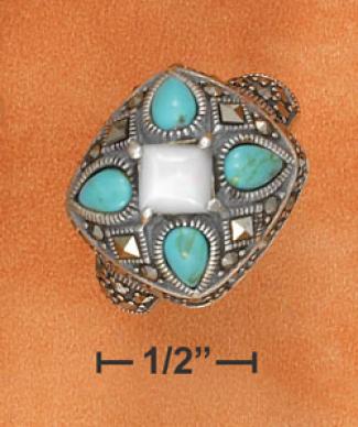Ss Turquoise Teardrops Mop Diamond On Marcasite Setting Ring