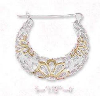 Ss Two-tone 1 In. Floral Filigree Hoop Earrimgs French Locks