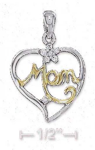 Ss Two-tone 17mm Mom Open Heart Pendant With Cz Cz Flower