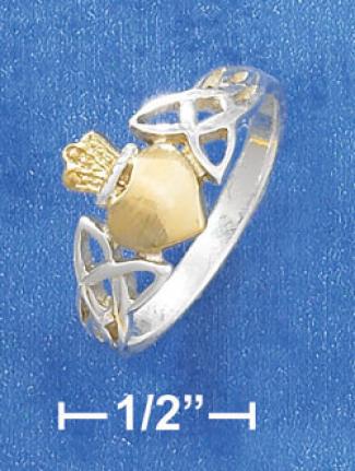 Ss Two-tone Crowned Heart Rinb With Celtic Knot Sides