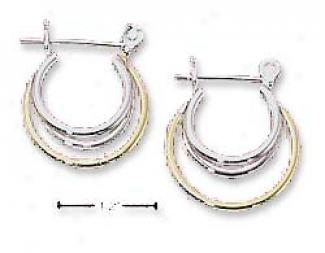 Ss Two-tone Small Triple Hoops Straight Bar Earrings