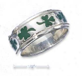 Ss Unisex Green Enamel Shamrock Ring (nickel Free)