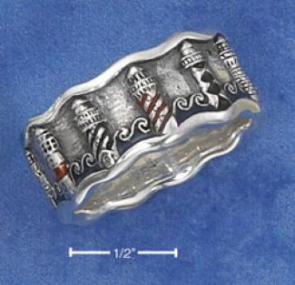 Ss Unisex Ring With Enameled Lighthouses Waves (nickel Free)