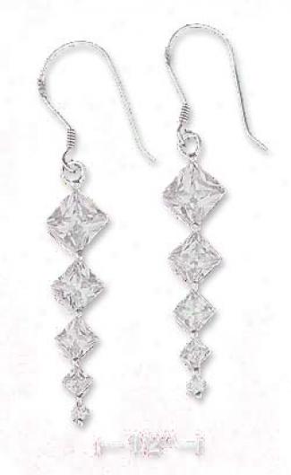 Sterling Silver 1 1/4 Inch Square 5 Cz Graduated Earrings
