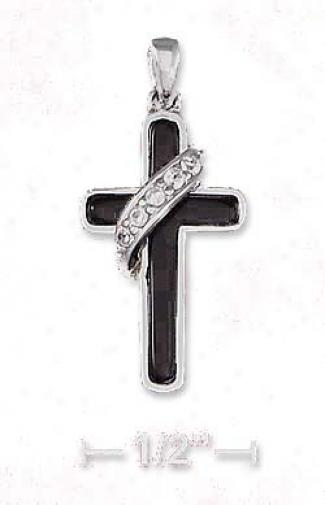 Sterling Silver 1 In Black Onyx Cross Pendant With Cz Banner