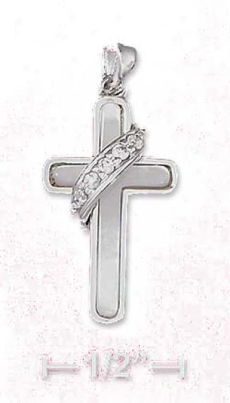 Sterling Silver 1 In Mother Of Pearl Cross Pendant Cz Banner