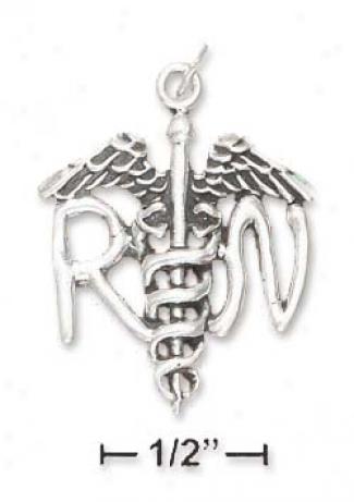 Sterling Silver 1 Inch Antiqued Rn With Caduceus Charm