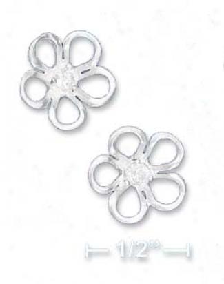 Sterling Silver 1/2 In. Flower Post Earrings Clear Cz Center